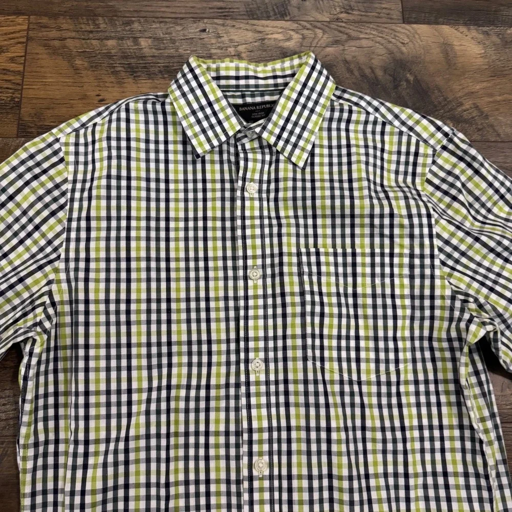 Banana Republic Non Iron Classic Fit Plaid Button Down Shirt Men's S Green‎ Blue